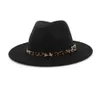 Leopard Getreide Leder Dekor handgefertigte Wolle Wolle Filz Fedora Hats Caps Männer Frauen Jazz Panama Cap Trilby Sombrero34903978150245