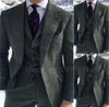 灰色のヘリンボーン冬の男性用ウールツイードスリムフィットフォーマルグルームウェディングタキシード3ピースセットビジネス男性スーツ240430