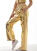 Vrouwen volwassen glanzende rechte been broek Casual High Taille Metallic broek Super lange holografische broek Disco Bottoms 240423