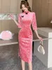 Casual jurken 2024 Pink Velvet Jacquard Floral Midi Dress Autumn Winter Koreaanse vintage chic boog feestvestidos vrouwen elegante bodycon