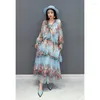 Abiti casual Qing MO 2024 Primavera estate in chiffon blu vestito stampato Fairy Air Skirt Long-Neck Sleeves Fashion ed elegance WZT024