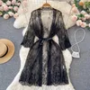 Casual Dresses Mesh Sheer Sensual Cardigan Nightwear Women V Neck Lace Print Night Dress Summer Long Sleeve Vestidos Mujer 2024