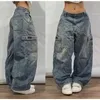 Women's Jeans Y2K Strt Vintage New Harajuku Wash Blue Multiple Pockets Baggy Denim Pants Mens Womens High Waist Wide Trousers H240429