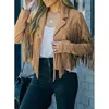 Ladies Fashion Solid Color Fringe Faux Suede Leather Jacket Women Y2k Fringed Hem Tassel Cardigan Crop Tops Motor Biker Jacket 240428