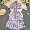 Sukienki imprezowe Summer Vintage Kobiety z nadrukiem długie sukienki Elegancka kołnierz zjeść pojedynczy piersi krótkie rękaw z wysokim talią A-line maxi vestido