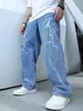 Graffiti Impresión Jeans Mens Gradiente Pantalones de Hip Hop Harem Cartoon suelto de tobillo de tobillo con bandas de carga para hombres 240426