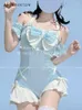 女性用水着2024夏のロリータボウスウィートガールスイムスーツワンピース日本のかわいいパッチワーククロススリムY2K水泳スーツ