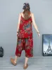 Dostyki damskie Lyuzhe 2024 Summer ciemnoczerwone zestawy kobiet wydrukowane koszulka z kamizerką luźne spodnie cielęckie Dwuczęściowe
