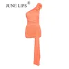 Casual Dresses June Lips 2024 Autumn/Winter Sexig Orange One Shoulder Off Back 3D Flower Dress Women's Celebrity Club kväll