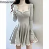 Casual Dresses Age Reducing Grey Sexy Dress For Women Spring Long Sleeve Slim Fit Waist Tight Style Spicy Girl Pleated A-line Short