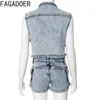 Women's Tracksuits AFGADOER Fashion Streetwear Women Denim Zipper Multi Pocket Vest Jacket And Shorts Two Piece Sets Female Elasticity 2pcs