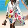 Robes décontractées robe courte feuille d'impression de vacances Couvre plage pour les femmes à manches longues en vrac de chemise mini bikini d'été