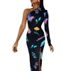 Casual Dresses Blue Bird Maxi Dress One Shoulder Flowers Print Party Bodycon Summer Cute Female Pattern Clothing