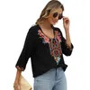 Women's Blouses Eaeovni Boho Embroidered Tops 3/4 Sleeve Mexican Peasant Shirts Bohemian Loose Tunic