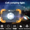 Lanternas portáteis Bateria Lâmpada COB Camping com 18650 Lanterna de plástico Carregamento USB Luz externa regulável