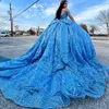 Mexico himmelblå glänsande av axelbollklänningen quinceanera klänning för flickor boll pärlor kristall födelsedagsfest klänningar bow robe de ball