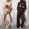 Calças femininas de duas peças 1 conjunto suéter gola alta cordão de malha roupa mulheres cor sólida manga comprida pulôver para yoga
