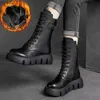 Stövlar Vinterläder Kvinnor Stövlar 2023 Kort plysch Mid-Heel Snow Boots Lace Up Warm Lady Platform Biker Ankle Boots For Women Shoes