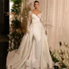 raso di lusso Dubai Sirena Abiti da sposa in pizzo Fiori perle in rilievo con spalle scoperte Manica lunga Abiti da sposa Treno staccabile Gonna oversize sexy nuovi Abiti da sposa