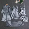 Sleepwear Female 5PCS Pajamas Set Satin Pyjamamas Lace Patchwork Bridal Wedding Nightwear Rayon Home Wear Nighty&Robe Suit 210831273E