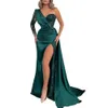 2024 sexy sereia vestidos de noite usar verde escuro um ombro rendas apliques contas de cristal manga longa lado split formal vestidos de festa de baile vestidos de ocasião especial