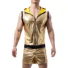 Herren-Tanktops, Boxershorts, Shorts, ärmellose Kapuzenweste, Gold, glänzend, enges Leder, Clubwear-Set, Anzug, Bühnenkostüm 240129