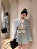 Two Piece Dress UNXX Blue JK Uniform Suit Set For Women Early Autumn College Style Blazer Jacket Inner Shirt Blouse Skirt Three