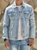 Masowe streetwear Mężczyźni rozerwane szczupły dżinsowe kurtka Mężczyzna wysokiej jakości trudna swoboda dżinsowa płaszcz 240119