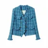 Vintage Bleu Tweed Veste Designer Femmes Vêtements Automne Hiver Manteau Blazer Bureau Lady Coréen Chic Fringe Boutons Manteaux De Luxe 240201