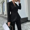 Frauen Zwei Stück Hosen Dot Langarm Anzug Formale Business-Stil Mantel Set Mit Gürtel Enge Taille Langarm V ausschnitt Druck Für Ol