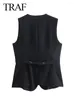 Women's Tanks TRAF 2024 Female Fashion Vintage Solid Color Sleeveless Single-Breasted V Neck Tops Woman Elegant Chic Short Style Slim Vest