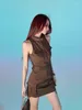 Casual Dresses Punk Cargo Belt dragkedja Solid A-line Slim Tickets Stand Neck Sleeveless Dress Korean Grunge Vestidos Women Y2k Eesthetic