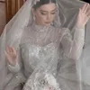 Wspaniałe suknie balowe suknie ślubne Wysokie kołnierz długie rękawy sukienki ślubne cekiny aplikacje koronkowe w górę pociąg księżniczki małżeństwa sukienki na zamówienie