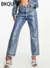 Dames Jeans BKQU Metallic Hoge Taille Rechte Vrouwen 2024 Herfst Afdrukken Losse Wijde Pijpen Denim Broek Streetwear Harajuku Vintage