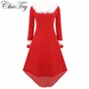 Frauen Weibliche Weihnachten Langarm Kleid Bodycon Urlaub Familie Party Kleid Faux Pelz Kragen Weihnachten Party Mrs Santa Claus206Q