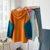 Women's Sweaters 2024 Women Winter Clothes Hooded Cartoon Patchwork Knitted Pullovers Pocket Pullover Knitwear