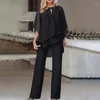 Pantaloni a due pezzi da donna 2 pezzi/set Vestito in chiffon da donna Scava fuori la manica a pipistrello con volant Orlo irregolare Top Vita alta Gamba larga Set lungo