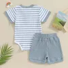 Ensembles de vêtements Né bébé garçons filles tenue d'été motif à rayures à manches courtes barboteuse couleur unie taille élastique shorts 2 pièces ensemble de vêtements