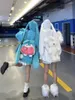 Sweats à capuche pour femmes Long Bleu Lapin Oreille À Capuchon Oversize Femmes Streetwear Harajuku Kawaii Y2k Solide Sudadera Mujer Couples Sweat-Shirt Polaire