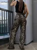 Calças femininas mnealways18 leopardo impressão pernas largas mulheres casual alta cintura elástica rua estilo feminino bolsos longos 2024