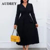 Plus Size Dresses Slim Pleated Belt Dress Women V-neck Ruffle Long Sleeve A-Line Female Solid Elegant Party Loose Maxi