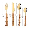 Conjuntos de talheres Conjunto de talheres de bambu 8/16 / 24pcs Aço inoxidável Talheres de ouro LNIFE Garfo Colher Máquina de lavar louça Seguro Talheres Dinnerware238e