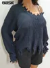 Gibsie artı Boyut Damlası Omuz Kadın Sweaters Sonbahar Kış V Boyun Uzun Kollu Gevşek Çiğ Kntted Pullover Jumper 240122
