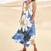 Vestidos casuais margarida flor impressão longa para mulheres verão sem mangas tanque boho bolsos praia sundress vestidos de grandes dimensões