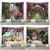 Tapestries Park Flowers Tapestry Pink Floral Plant Vintage Brick Wall Arch Modern Home Garden Living Room Courtyard Decoration Hanging