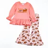 Set di abbigliamento Girlymax Autunno Autunno Ringraziamento Neonate Vestiti per bambini Coral Pumpkin Pie Print Outfit Ruffles Flare Pants Set