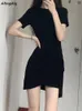 Sukienki swobodne sukienki z krótkim rękawem Kobiety fałdowanie nieregularne szczupły czarne seksowne eleganckie stylowe moda Summer Cool Club Club Vestidos French