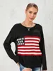 Women American Flag Sweater Vintage Print Long Sleeve Crewneck Knitted Jumper 90s Aesthetic Knit Pullover Streetwear 240201