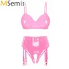 Women's Swimwear Womens Wet Look Patent Leather Lingerie Set Wire-free No Pad Bra Top High Waist Open Crotch Thong With Garter Clips For