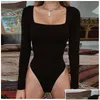 Basic & Casual Dresses Basic Casual Dresses Drop Forefair Y Bodycon Bodysuit Long Sleeve Square Neck Sheath Crotch Black Overalls Wom Dhnak